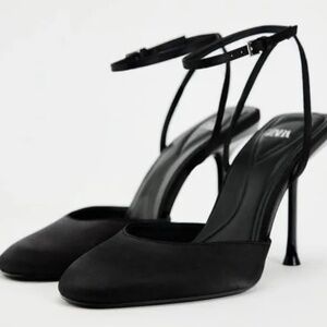 Zara Black Satin Ankle-Strap Heels – Size 9 (40)